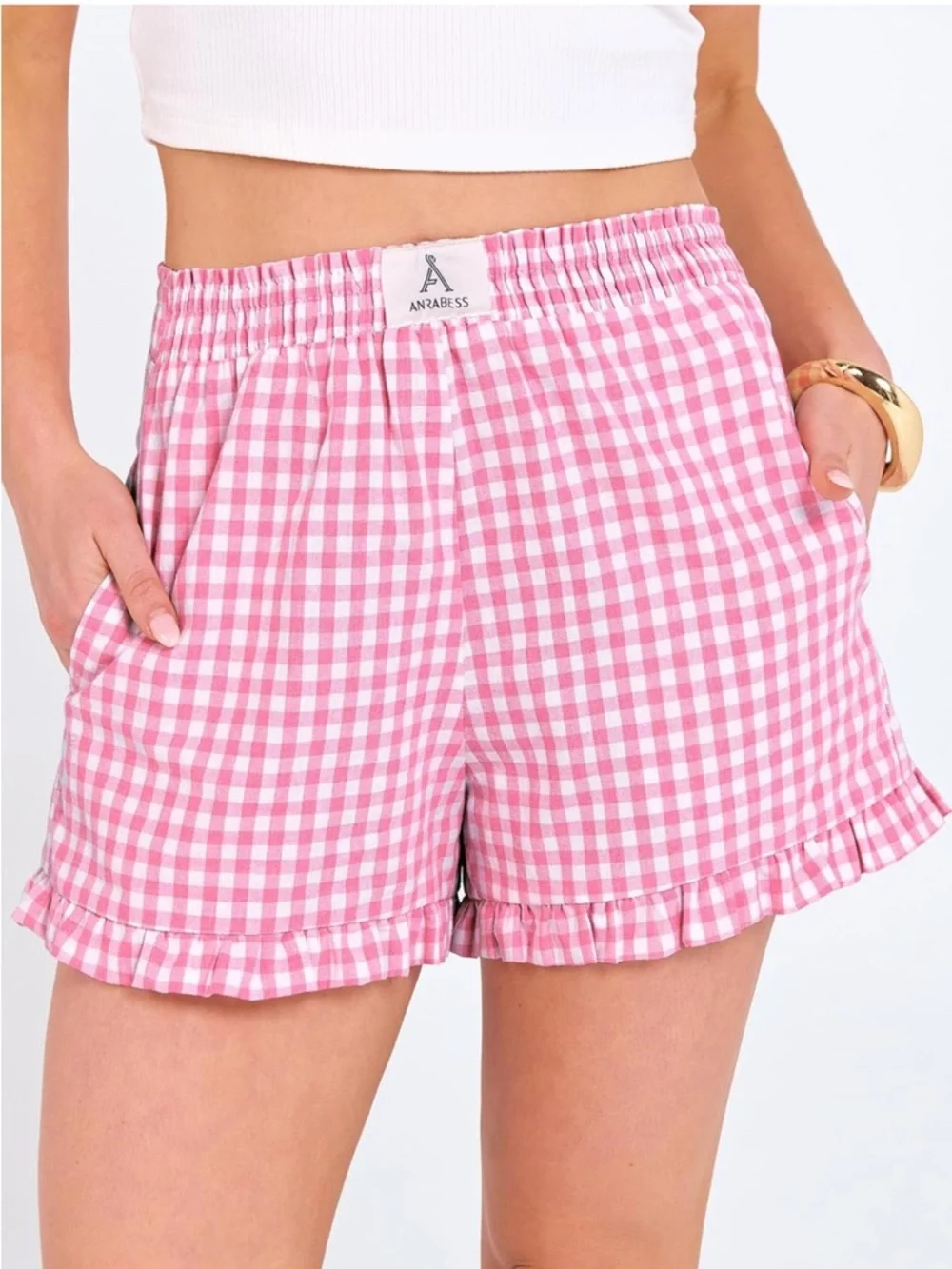 ANRABESS Women’s Boxer Shorts Pink Gingham Plaid Elastic Waist and Ruffles Small - Picture 2 of 4